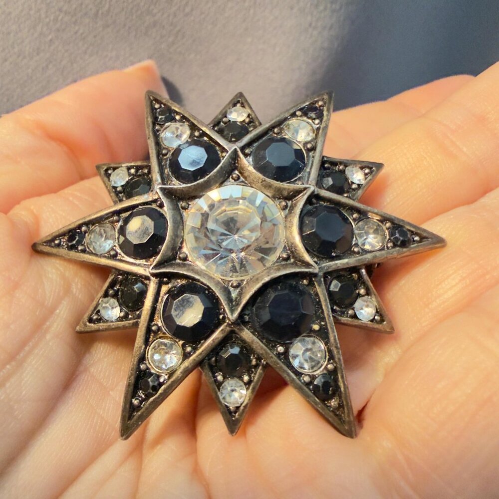 Star Brooch Black Clear Glass Rhinestone Silver Tone Starburst Pin 2.25" - Picture 4 of 7